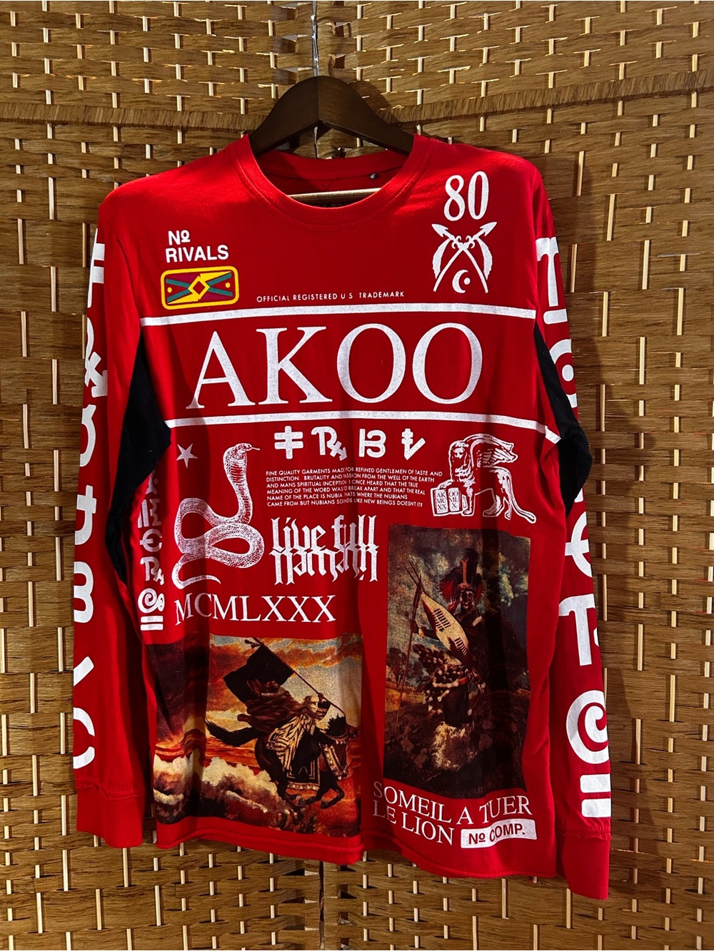 AKOO Graphic Long Sleeve T Shirt Red Streetwear Hip Hop Y2K Urban Men’s L